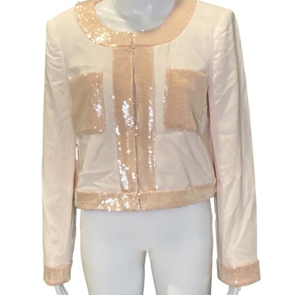 NWT Cinq a Sept Pearl/Travertine Pink Rina Sequin Jewel Neck Crop Jacket - Sz 8 - Picture 5 of 11